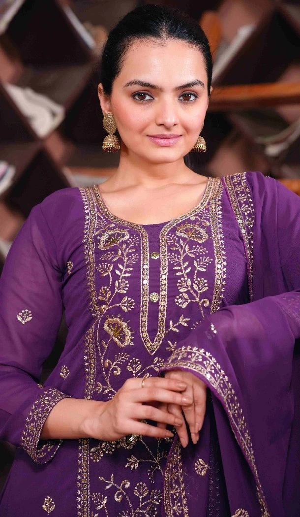 Women Fox Georgette Embroidery Palazzo Suit Purple - 12941210193