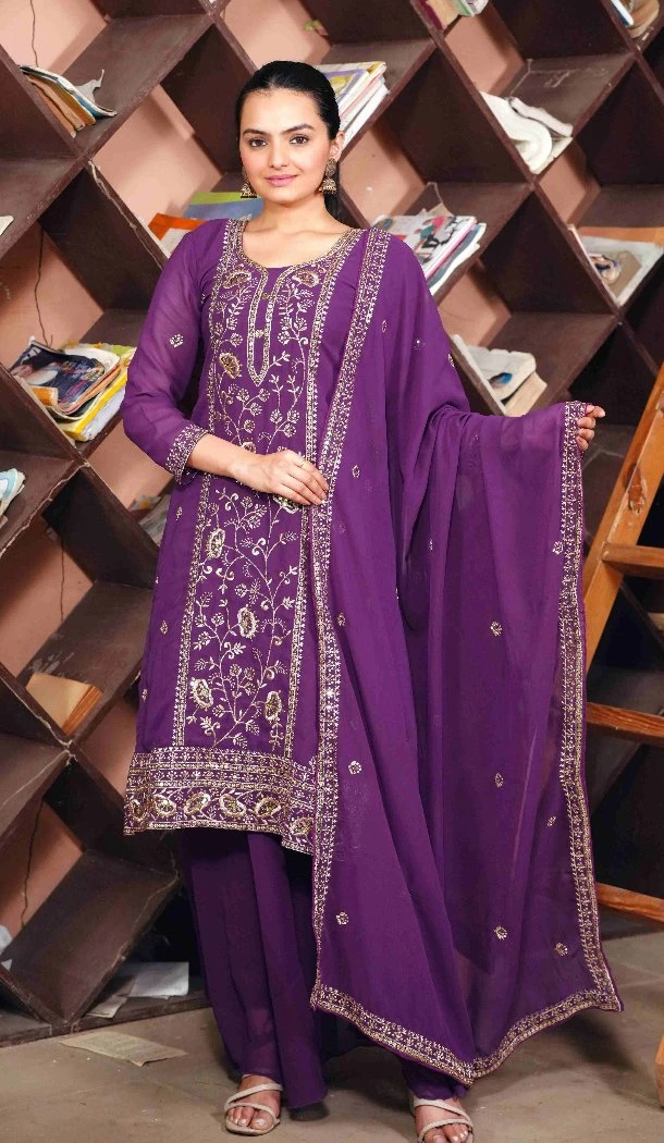 Women Fox Georgette Embroidery Palazzo Suit Purple - 12941210193