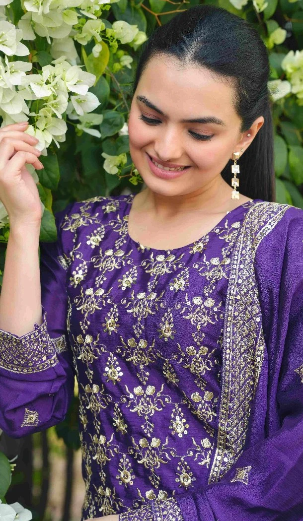 Women Palazzo Suit Embroidery Purple Chinon - 12941210194