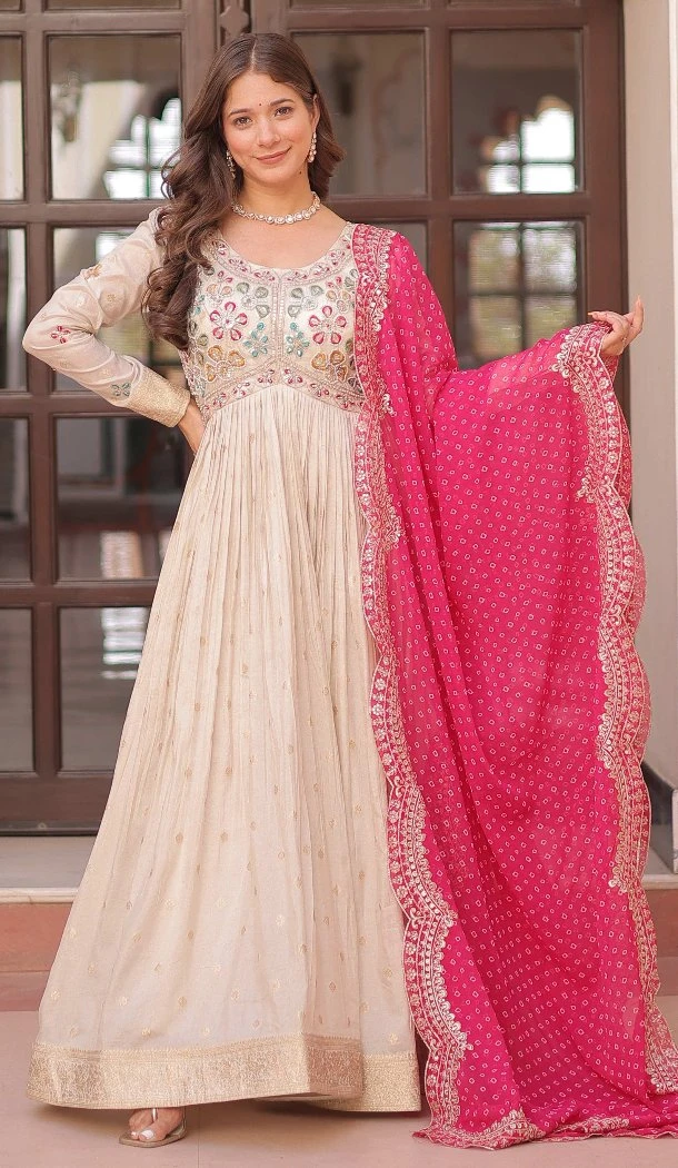 Women Pearl Beads Embroidered work Weaving Jequard Cream Gown - 12949210240