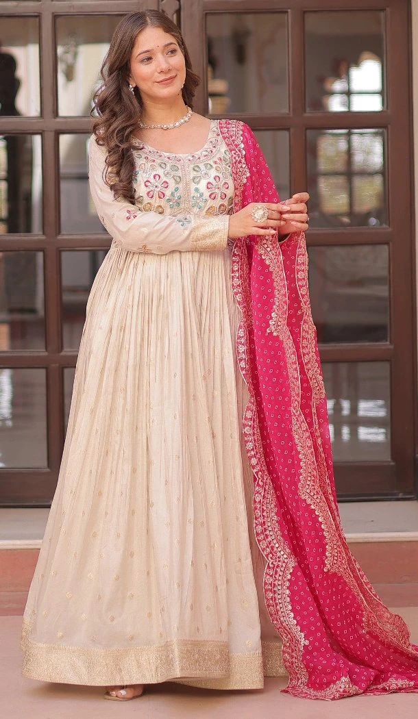 Women Pearl Beads Embroidered work Weaving Jequard Cream Gown - 12949210240