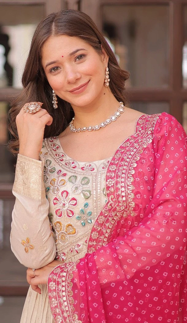 Women Pearl Beads Embroidered work Weaving Jequard Cream Gown - 12949210240