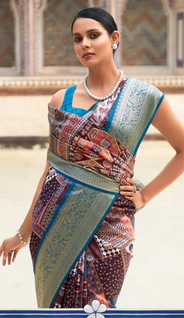 Women Printed Work Traditional Wear Saree Dola Viscose Blue - 12965210327