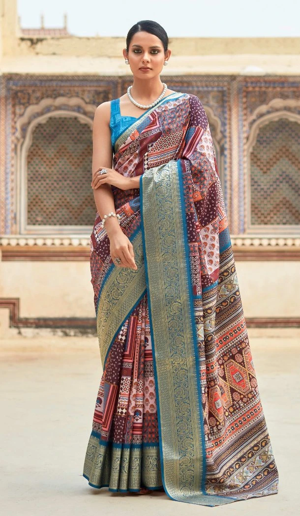 Women Printed Work Traditional Wear Saree Dola Viscose Blue - 12965210327