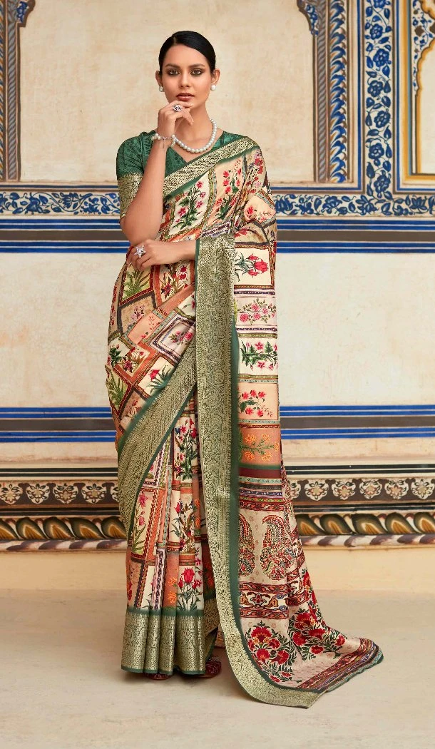 Women Dola Viscose Green Traditional Wear Saree Printed Work - 12965210331