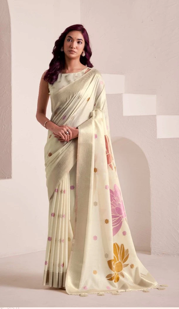 Women Soft Linen Party Wear Saree Jacquard Work Cream - 13061210791