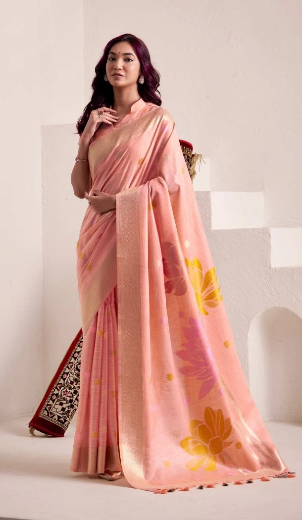 Women Jacquard Work Peach Party Wear Saree Soft Linen - 13061210792
