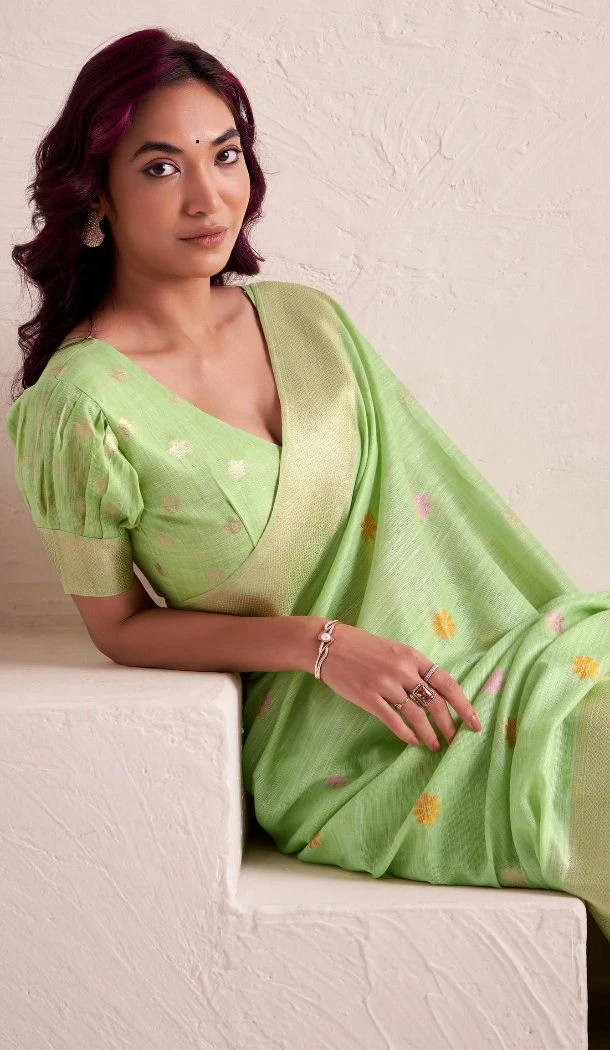 Women Party Wear Saree Jacquard Work Pista Green Soft Linen - 13061210793