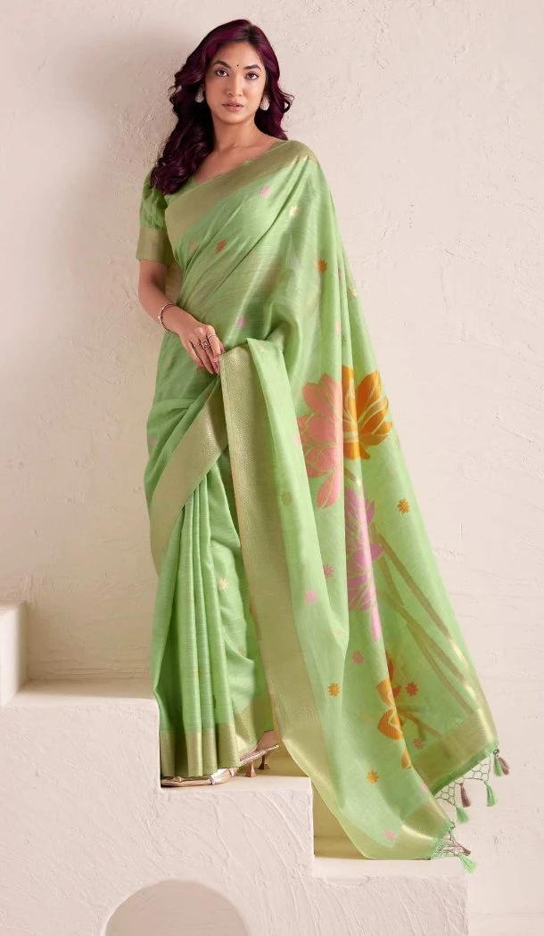 Women Party Wear Saree Jacquard Work Pista Green Soft Linen - 13061210793