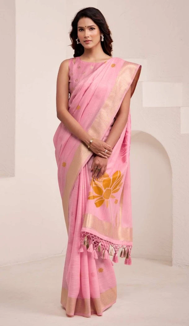 Women Jacquard Work Pink Soft Linen Party Wear Saree - 13061210794