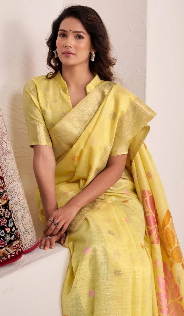 Women Yellow Soft Linen Jacquard Work Party Wear Saree - 13061210795