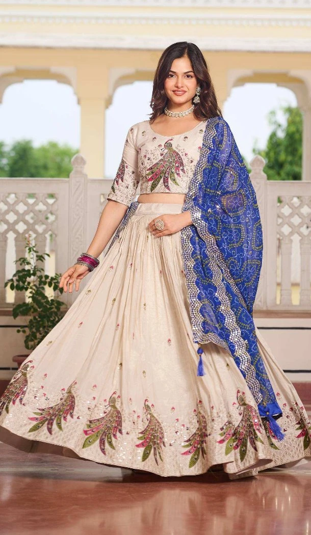 Women Heavy Embroidery Work Tissue Silk Party Wear Lehenga Choli Cream - 13068210815