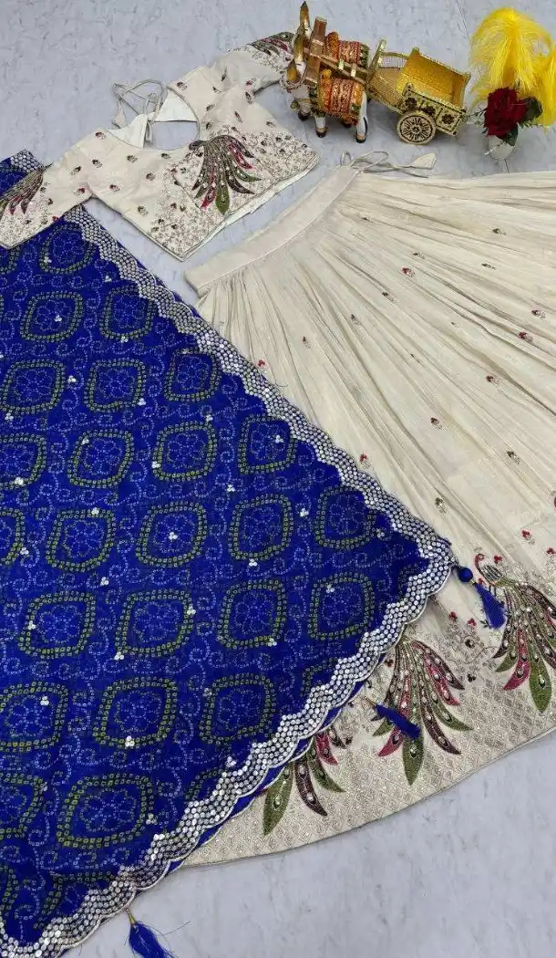 Women Heavy Embroidery Work Tissue Silk Party Wear Lehenga Choli Cream Plus Size