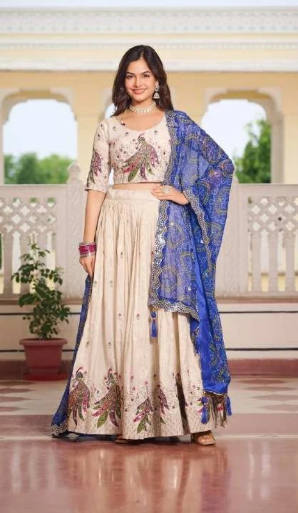 Women Heavy Embroidery Work Tissue Silk Party Wear Lehenga Choli Cream - 13068210815