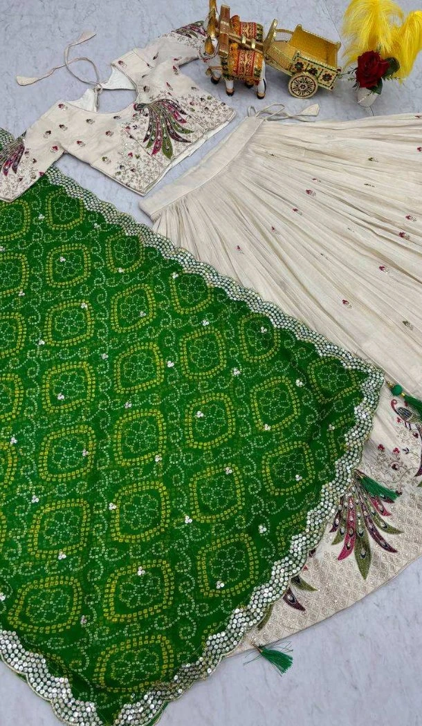 Women Tissue Silk Cream Party Wear Lehenga Choli Heavy Embroidery Work - 13068210816