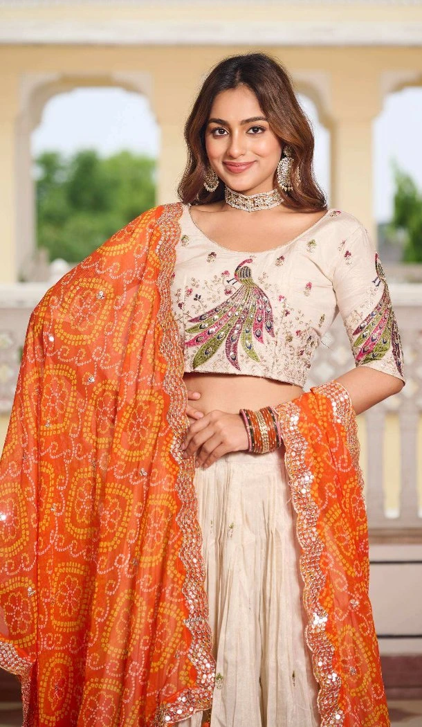 Women Tissue Silk Party Wear Lehenga Choli Cream Heavy Embroidery Work - 13068210817