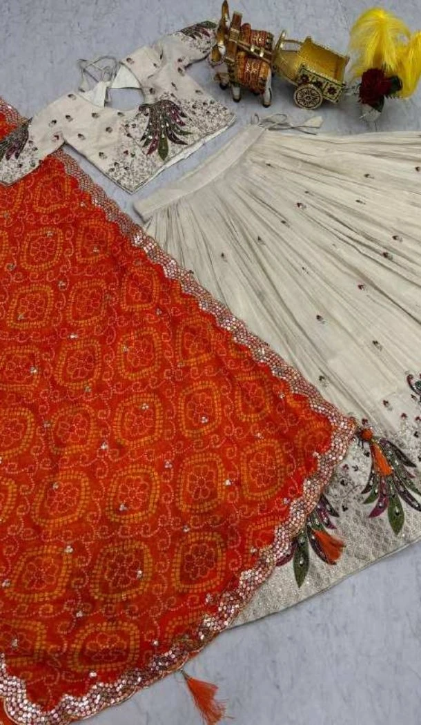 Women Tissue Silk Party Wear Lehenga Choli Cream Heavy Embroidery Work - 13068210817