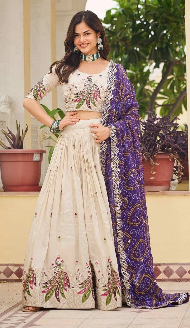 Women Cream Tissue Silk Party Wear Lehenga Choli Heavy Embroidery Work - 13068210818
