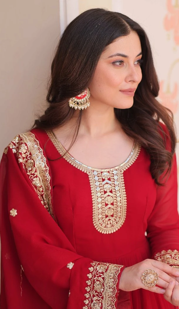 Women Faux Georgette Maroon Sequins Embroidered Work Gown - 13075210852