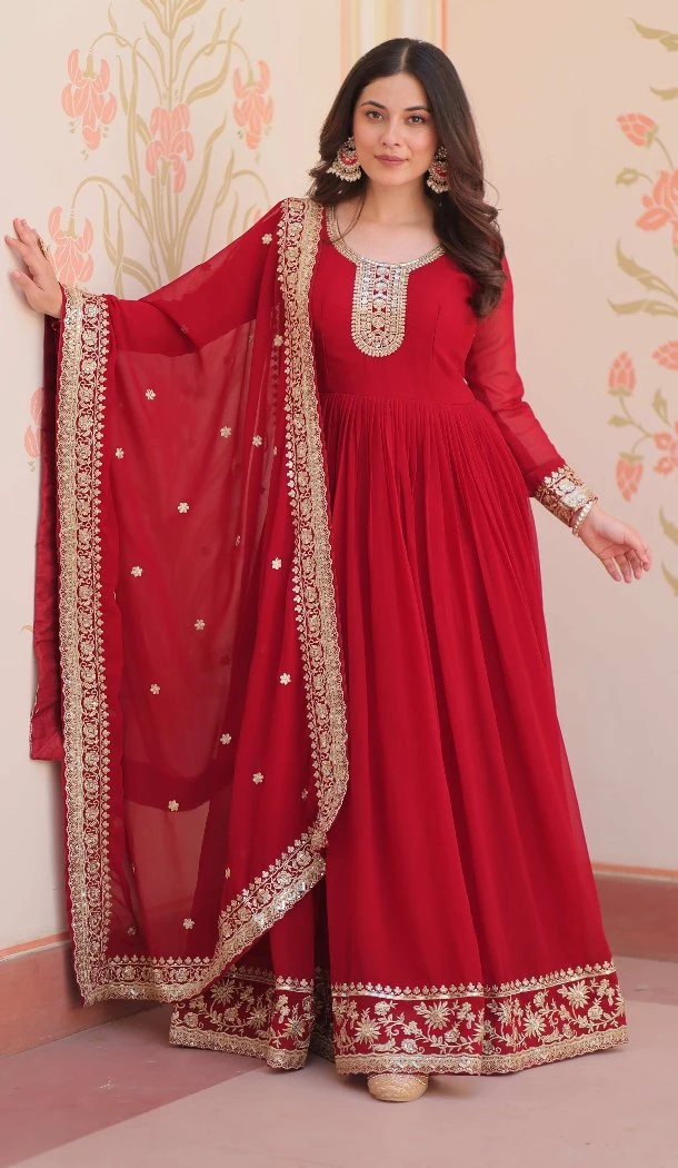 Women Faux Georgette Maroon Sequins Embroidered Work Gown - 13075210852