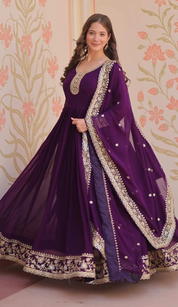 Women Purple Gown Sequins Embroidered Work Faux Georgette - 13075210854