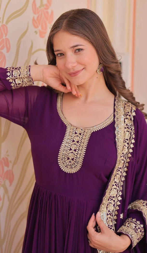 Women Purple Gown Sequins Embroidered Work Faux Georgette - 13075210854