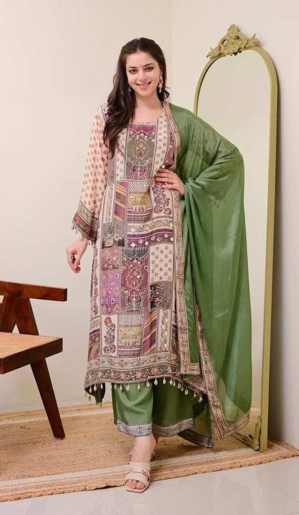 Women Mehendi Green Embroidery Salwar Suit Pure Chinon - 13077210857