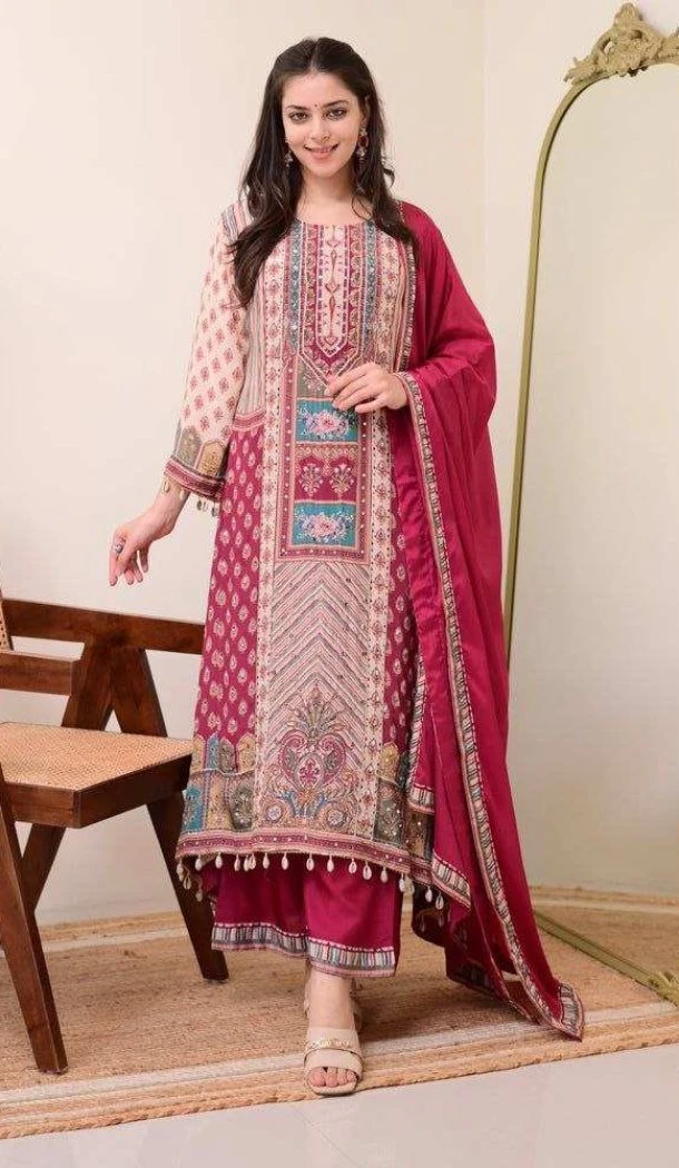 Women Pure Chinon Pink Salwar Suit Embroidery - 13077210858