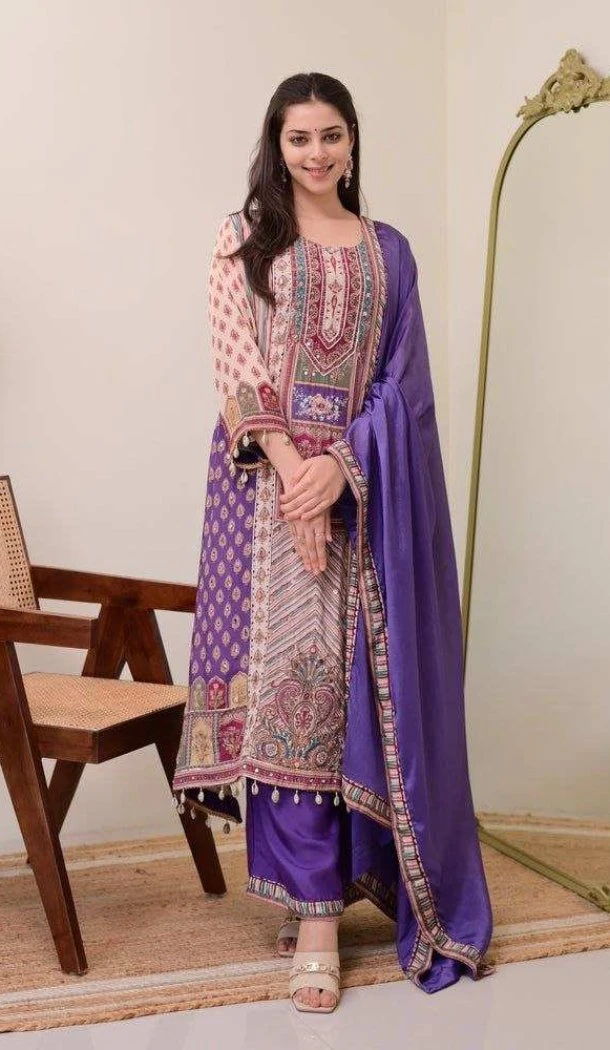 Women Purple Pure Chinon Salwar Suit Embroidery - 13077210859