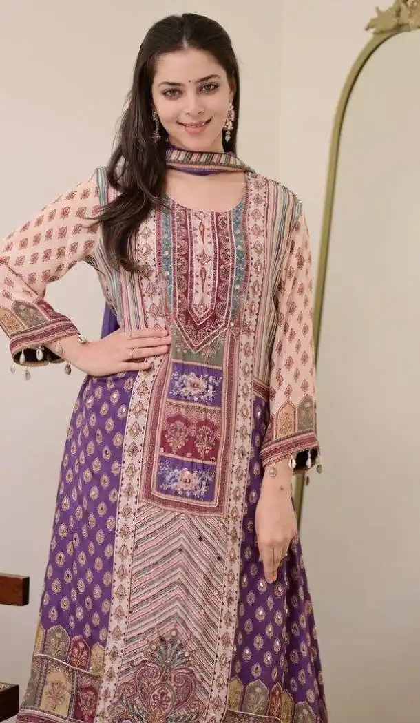 Women Purple Pure Chinon Salwar Suit Embroidery - 13077210859