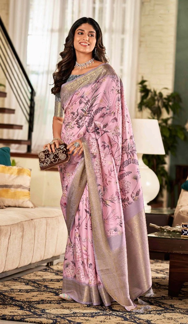 Women Grey Traditional Wear Saree Soft Silk Digital Printed Work - 12967210342