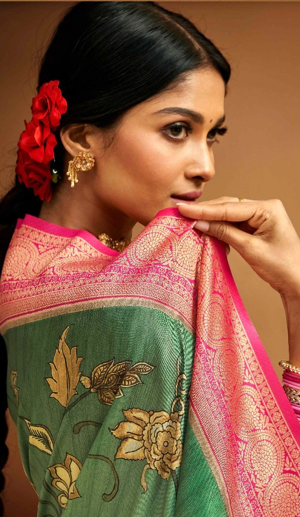 Women Traditional Wear Saree Jacquard Work Green Tusser Silk - 13062210799