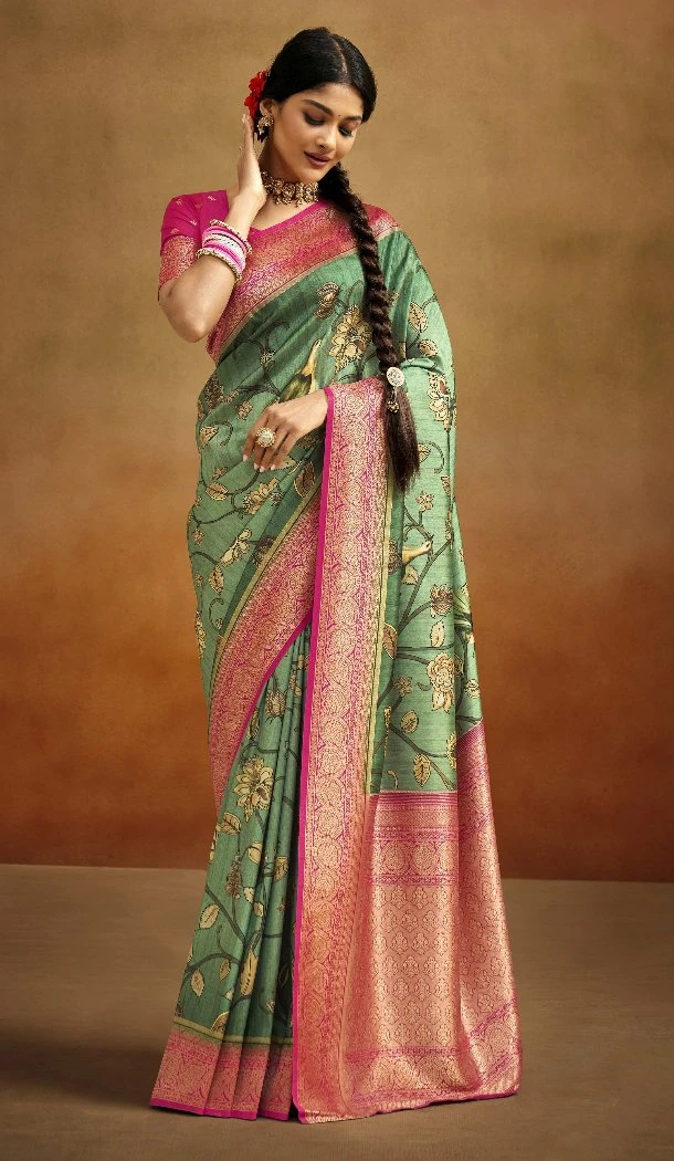 Women Traditional Wear Saree Jacquard Work Green Tusser Silk - 13062210799