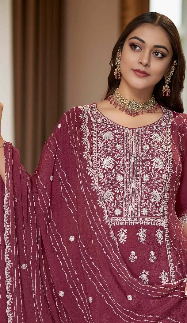 Women Palazzo Suit Premium Chinon Sequence Work Maroon - 13072210839