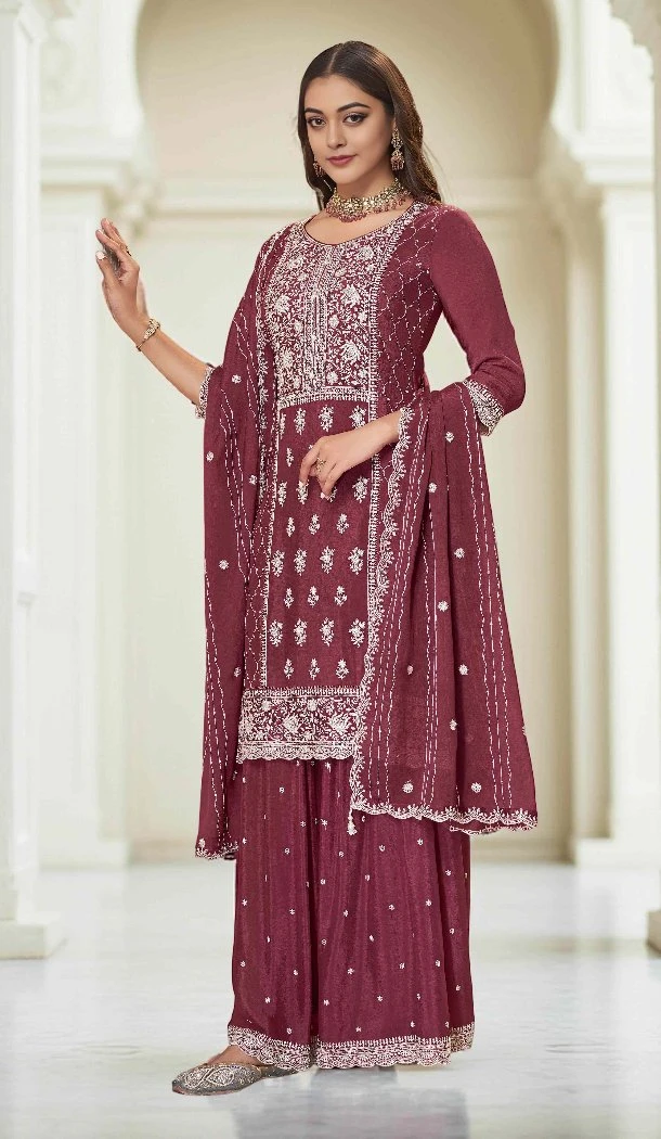 Women Palazzo Suit Premium Chinon Sequence Work Maroon - 13072210839