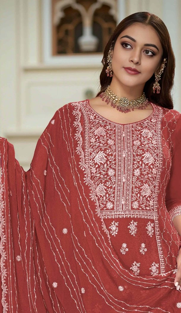 Women Palazzo Suit Sequence Work Rust orange Premium Chinon - 13072210841