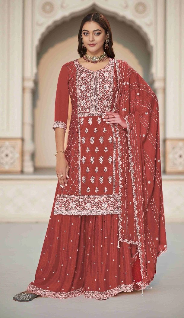 Women Palazzo Suit Sequence Work Rust orange Premium Chinon - 13072210841