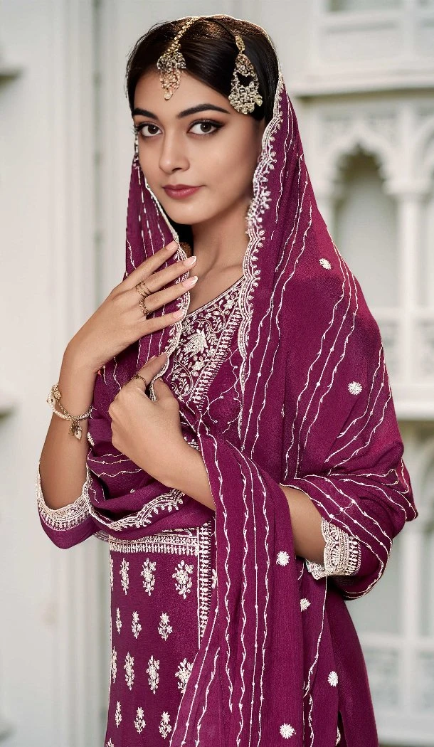 Women Premium Chinon Sequence Work Palazzo Suit Wine - 13072210842