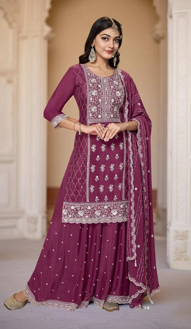 Women Premium Chinon Sequence Work Palazzo Suit Wine - 13072210842