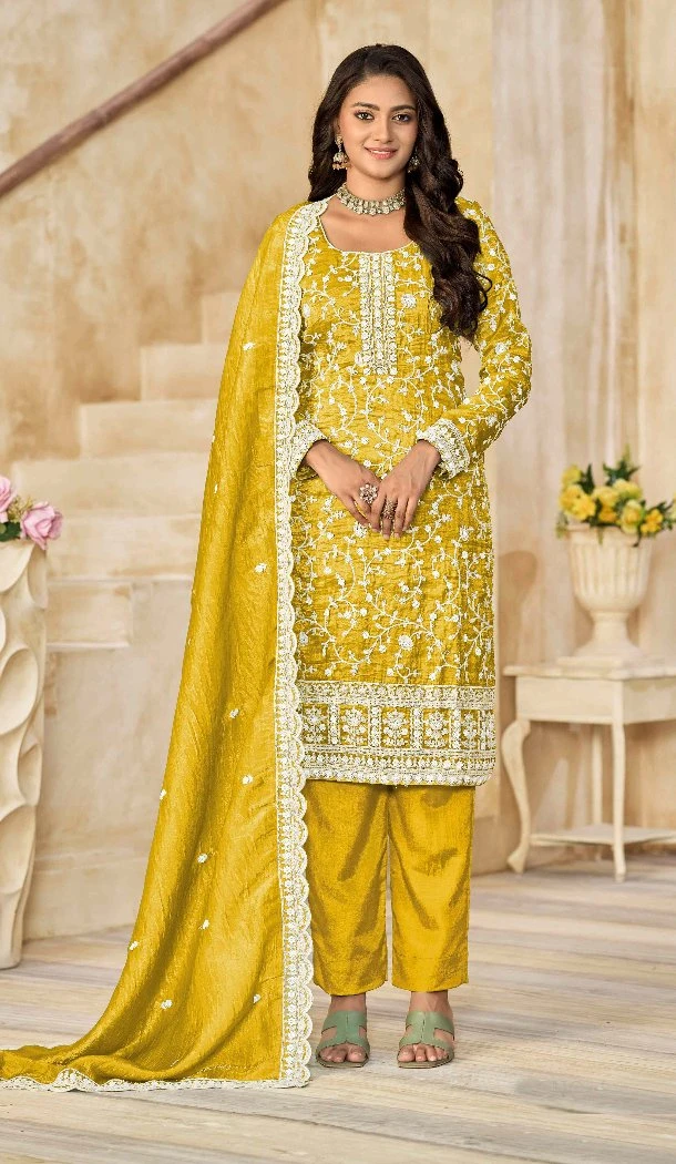 Women Embroidery Work Yellow Punjabi Suit Organza - 13073210843