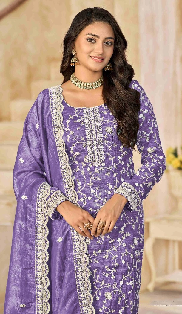 Women Organza Light Purple Embroidery Work Punjabi Suit - 13073210844