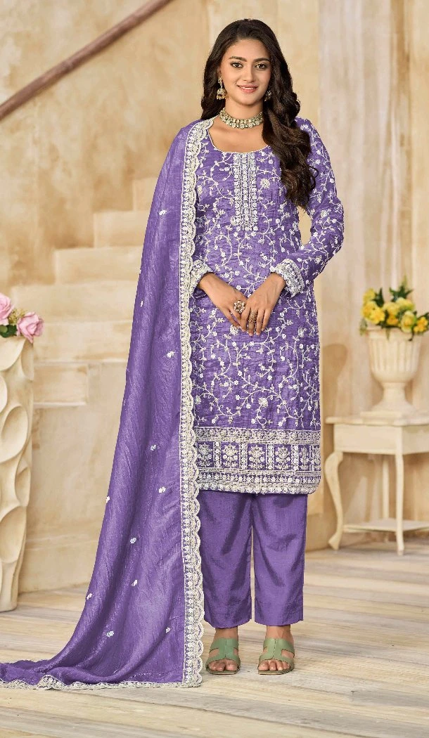 Women Organza Light Purple Embroidery Work Punjabi Suit - 13073210844