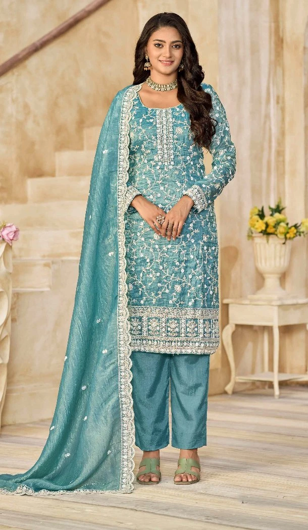 Women Embroidery Work Sky Blue Punjabi Suit Organza - 13073210845