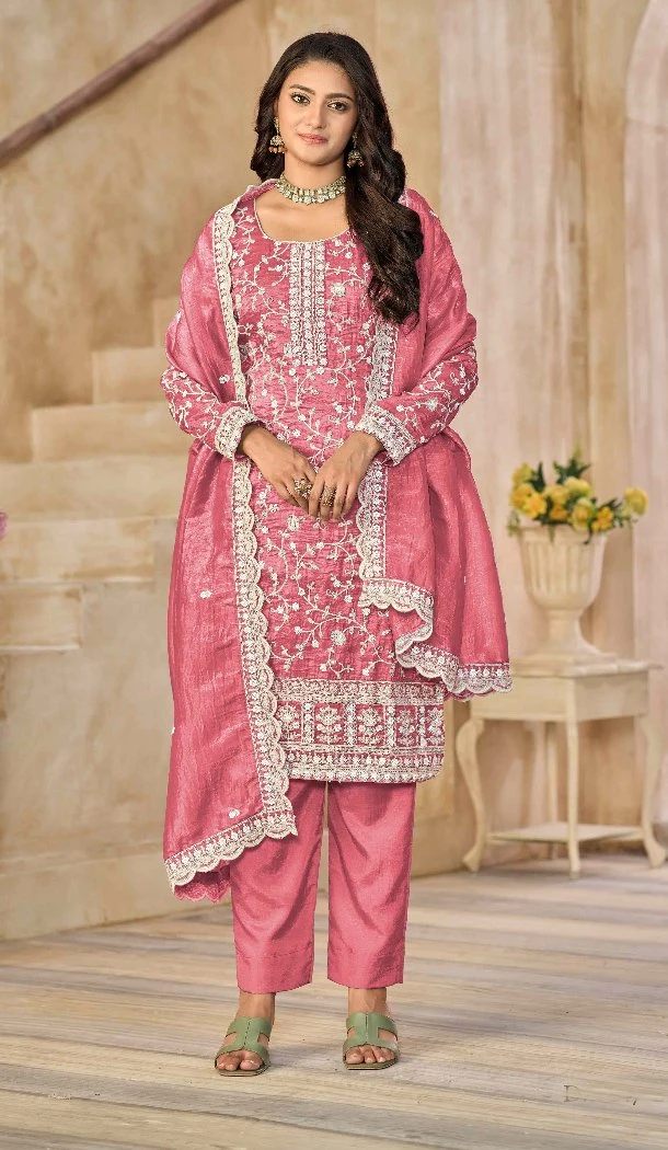 Women Punjabi Suit Organza Embroidery Work Pink - 13073210846