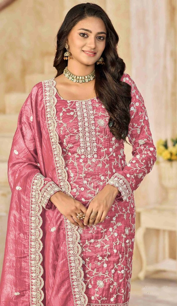 Women Punjabi Suit Organza Embroidery Work Pink - 13073210846