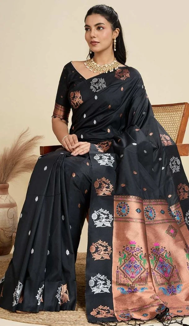 Women Party Wear Saree Pure Soft Silk Black Gold Zari Weaving Work - 12995210463