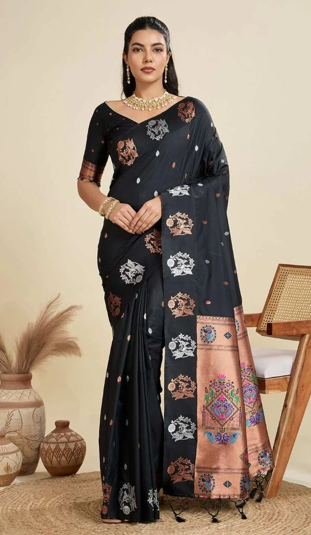 Women Party Wear Saree Pure Soft Silk Black Gold Zari Weaving Work - 12995210463