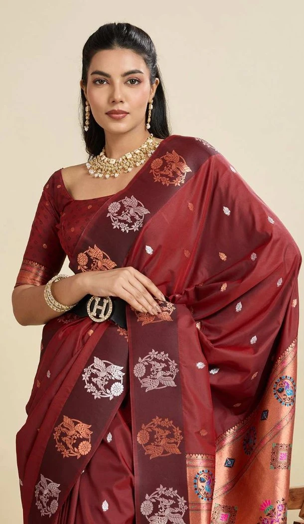 Women Gold Zari Weaving Work Pure Soft Silk Maroon Party Wear Saree - 12995210464