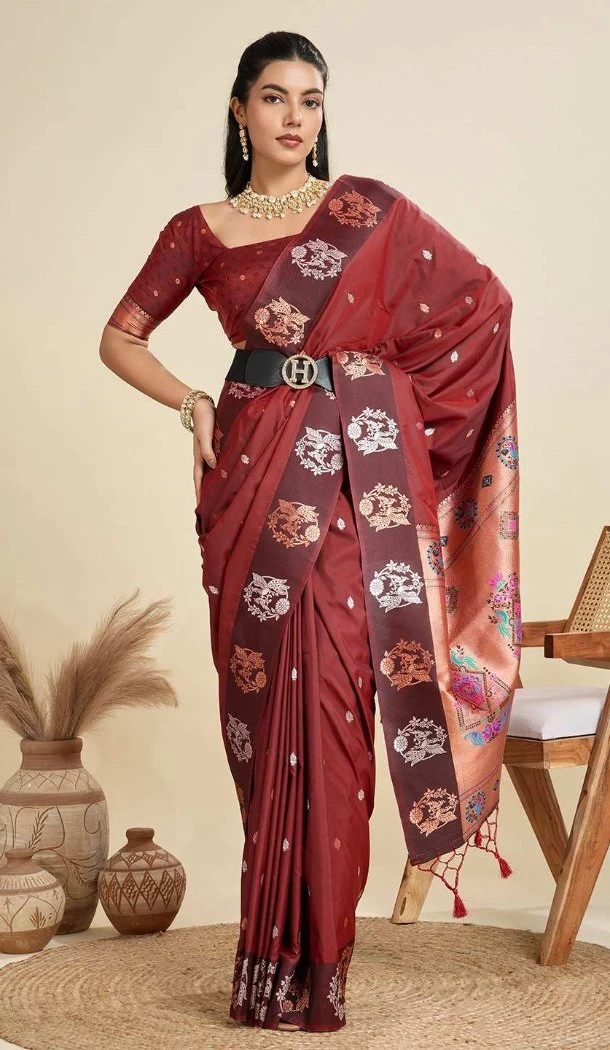 Women Gold Zari Weaving Work Pure Soft Silk Maroon Party Wear Saree - 12995210464