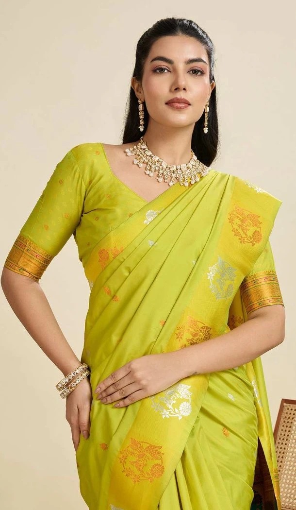 Women Pure Soft Silk Gold Zari Weaving Work Party Wear Saree Parrot Green - 12995210465